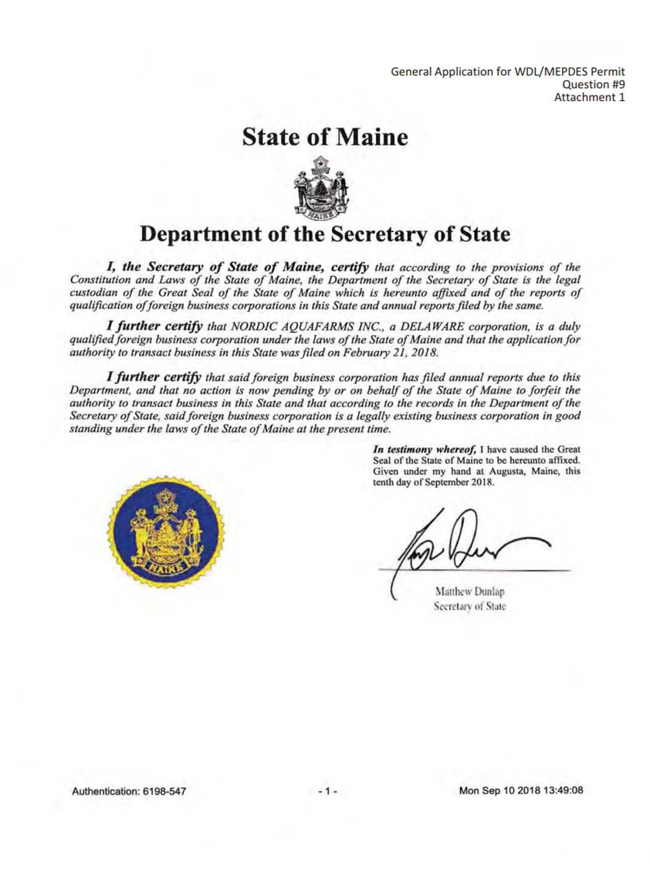 USA Maine certificate of good standing